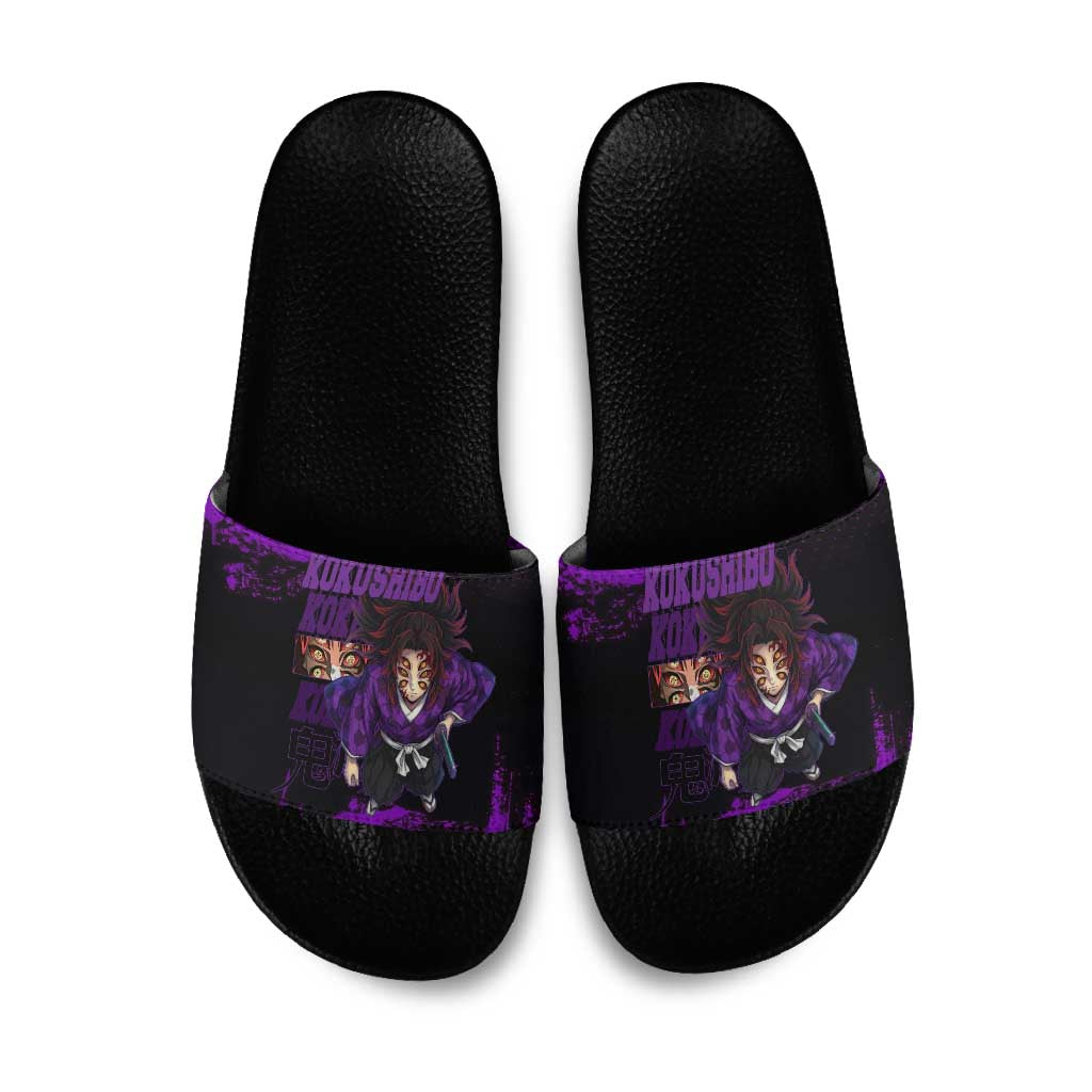Kokushibo Demon Slayer Purple Grunge Design Slide Sandals with Six Eyes Detail and Sword Pose - The Mazicc