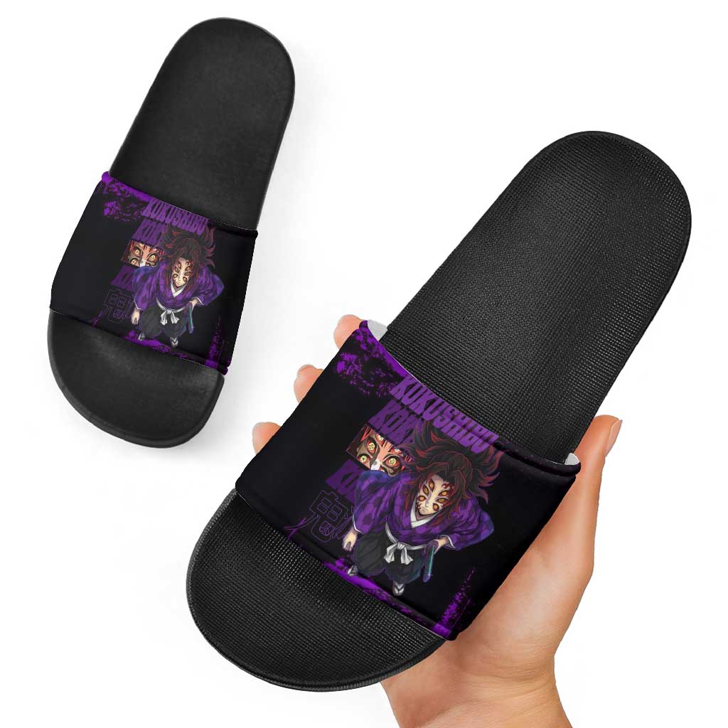 Kokushibo Demon Slayer Purple Grunge Design Slide Sandals with Six Eyes Detail and Sword Pose - The Mazicc