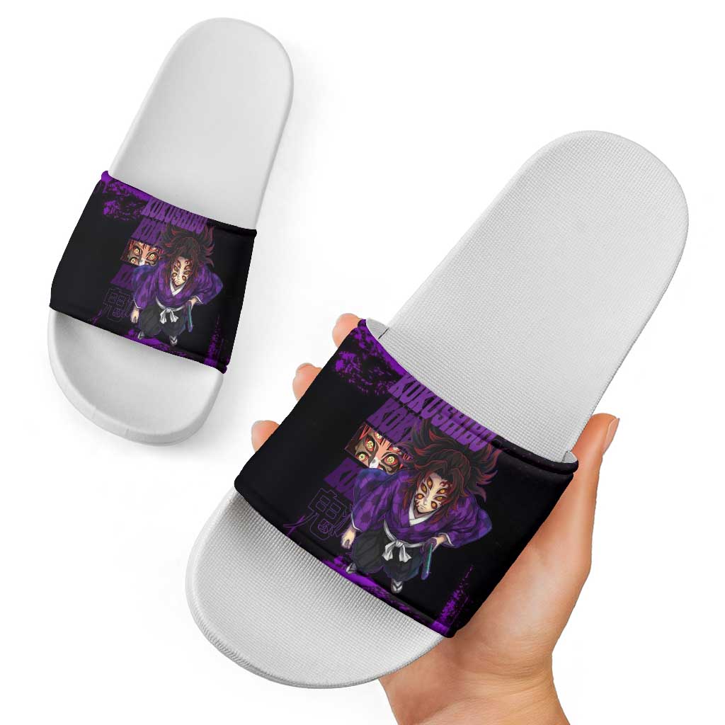 Kokushibo Demon Slayer Purple Grunge Design Slide Sandals with Six Eyes Detail and Sword Pose - The Mazicc