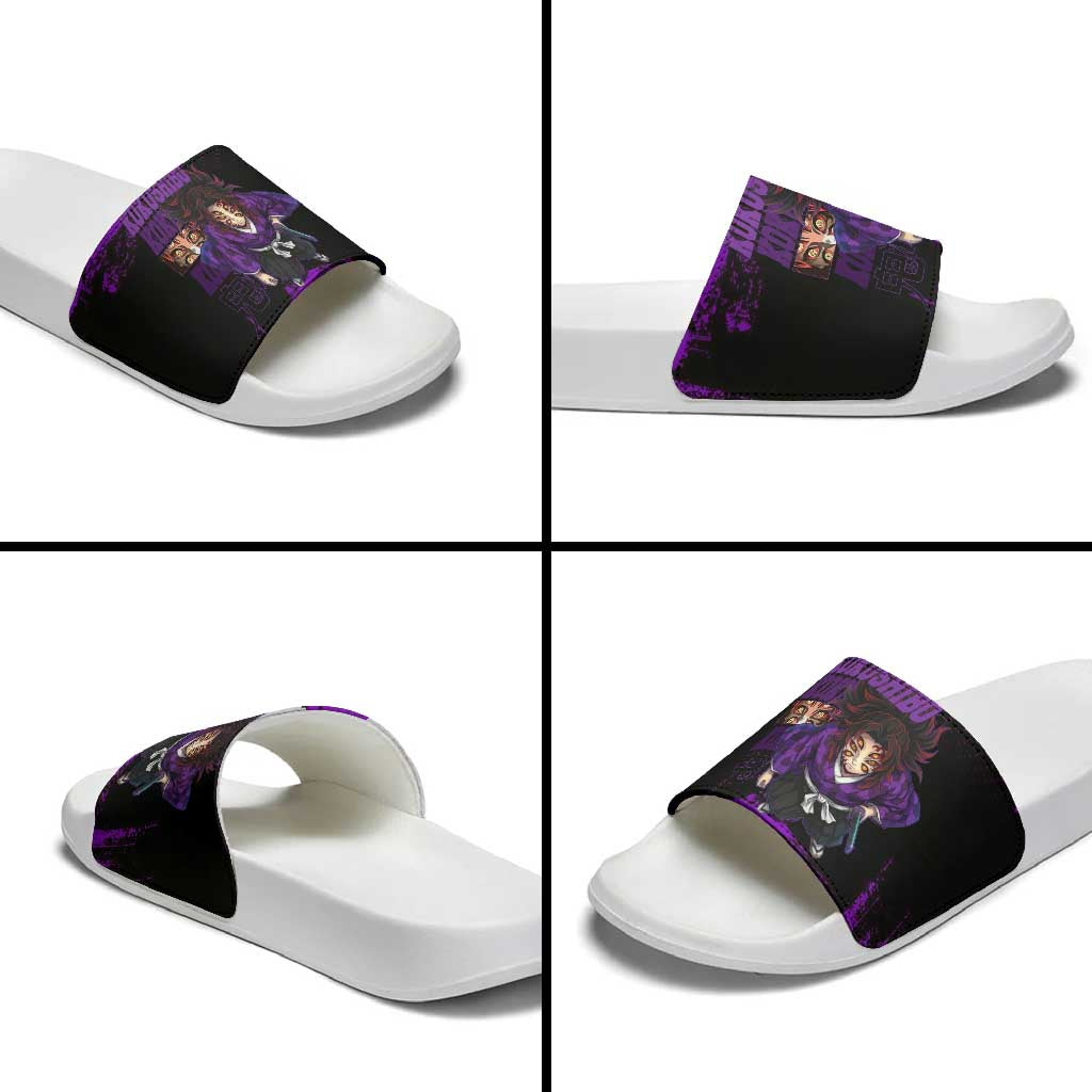 Kokushibo Demon Slayer Purple Grunge Design Slide Sandals with Six Eyes Detail and Sword Pose - The Mazicc