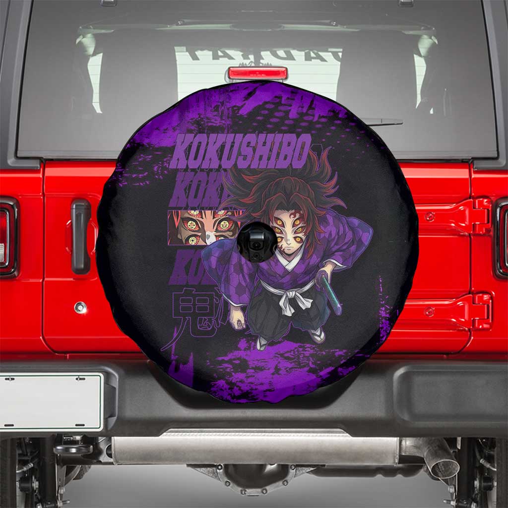 Kokushibo Demon Slayer Purple Grunge Design Spare Tire Cover with Six Eyes Detail and Sword Pose - The Mazicc