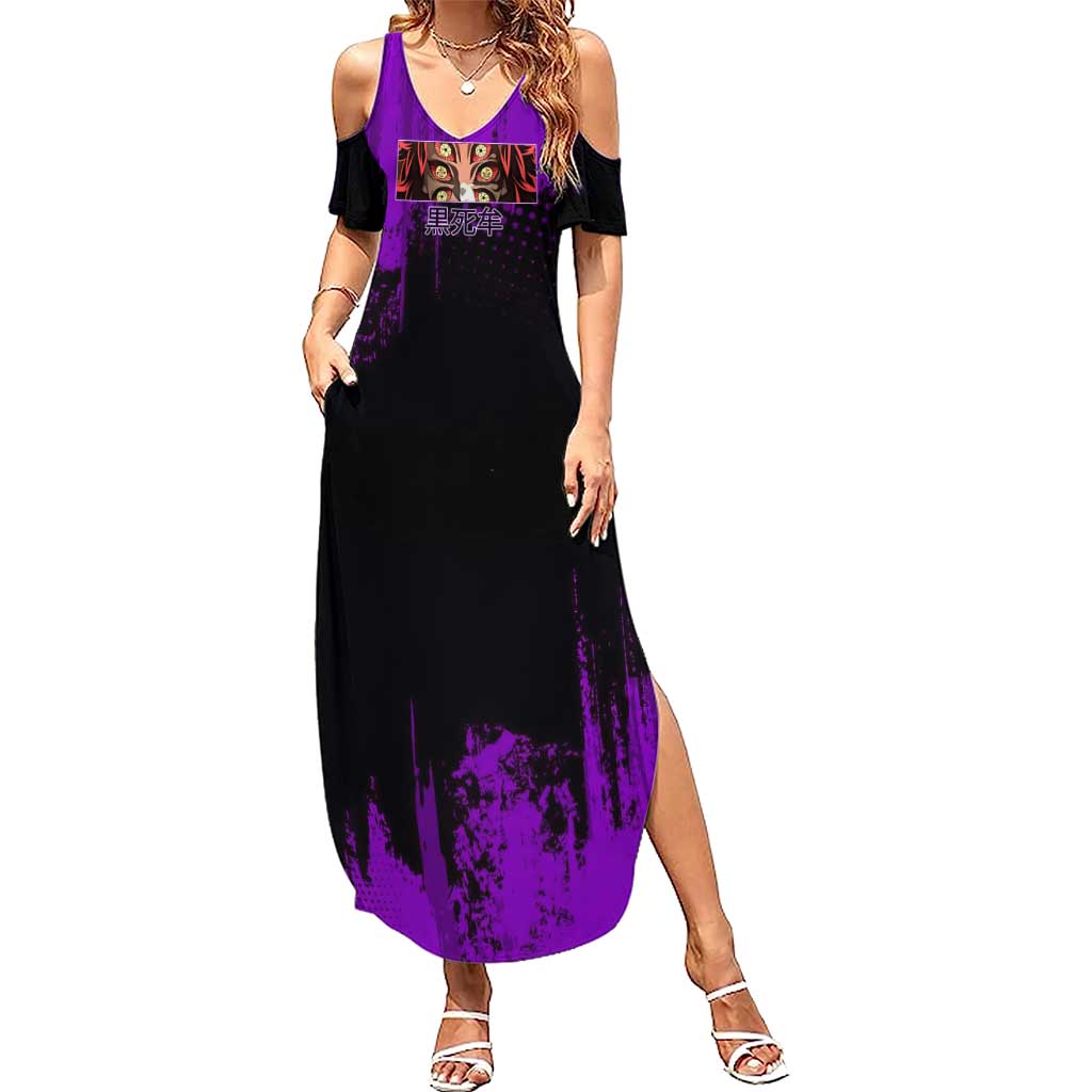 Kokushibo Demon Slayer Purple Grunge Design Summer Maxi Dress with Six Eyes Detail and Sword Pose - The Mazicc