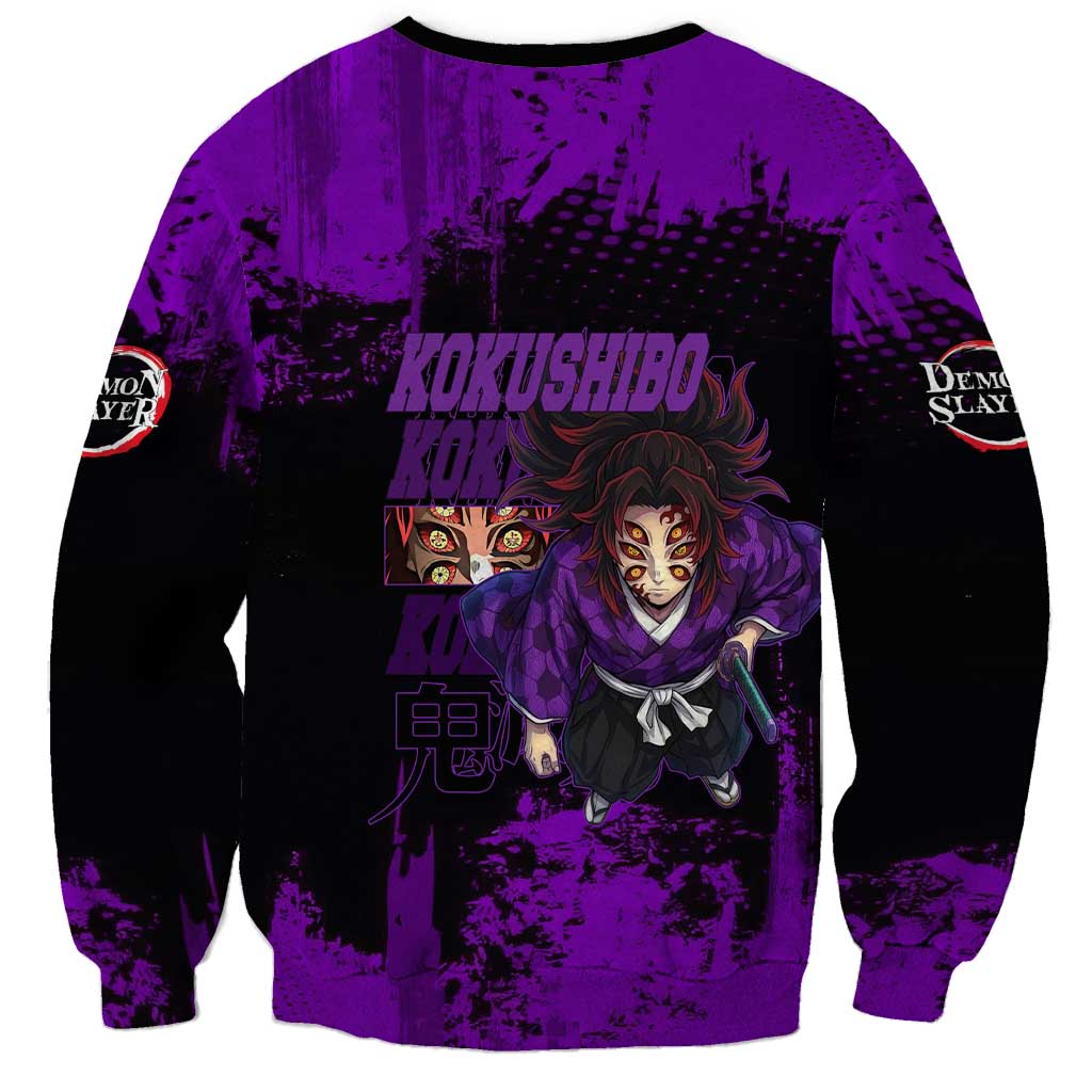 Kokushibo Demon Slayer Purple Grunge Design Sweatshirt with Six Eyes Detail and Sword Pose - The Mazicc