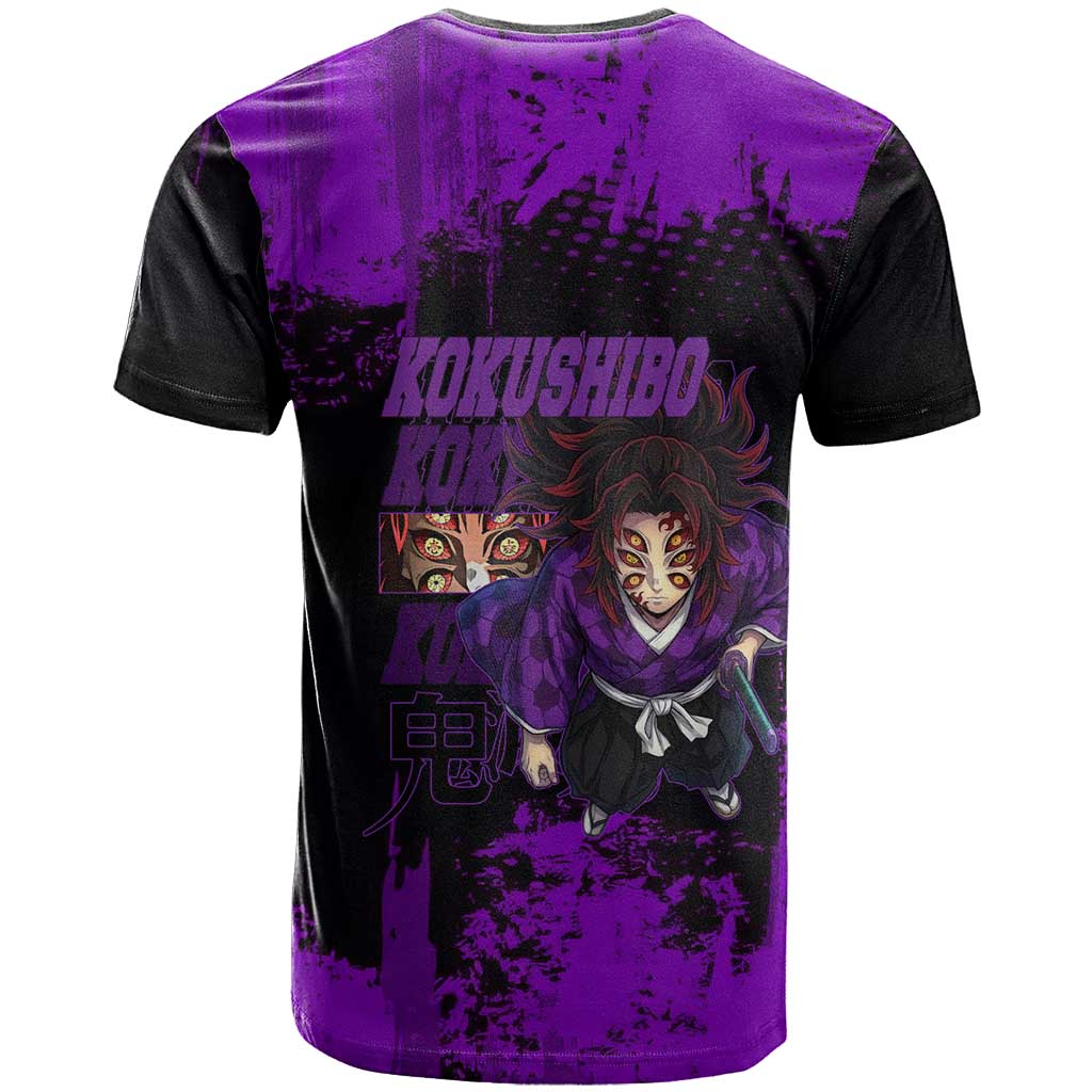 Kokushibo Demon Slayer Purple Grunge Design T Shirt with Six Eyes Detail and Sword Pose - The Mazicc