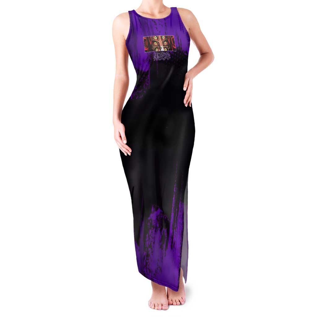 Kokushibo Demon Slayer Purple Grunge Design Tank Maxi Dress with Six Eyes Detail and Sword Pose - The Mazicc