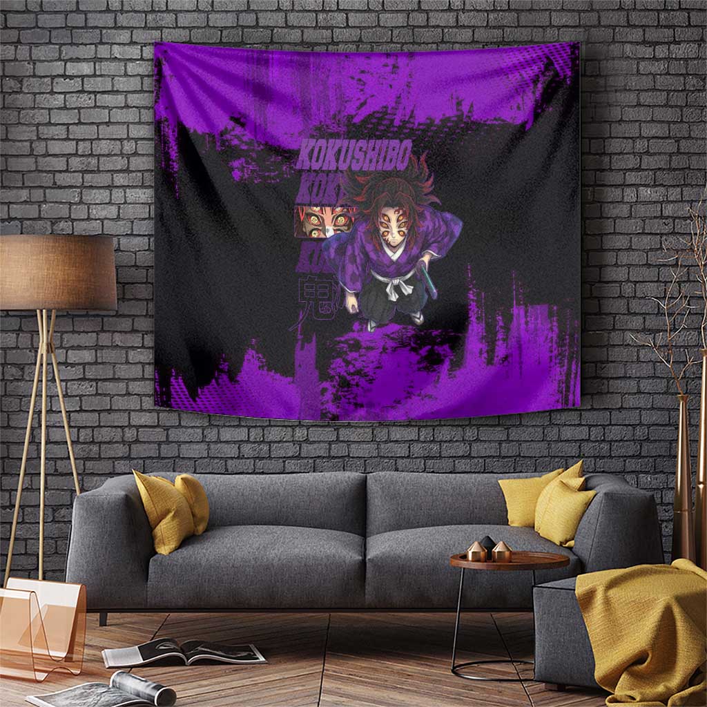 Kokushibo Demon Slayer Purple Grunge Design Tapestry with Six Eyes Detail and Sword Pose - The Mazicc
