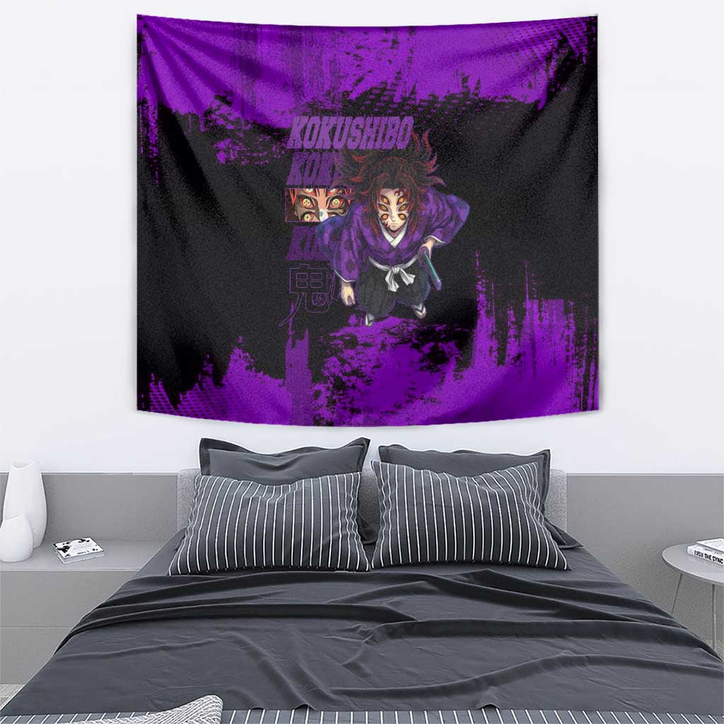 Kokushibo Demon Slayer Purple Grunge Design Tapestry with Six Eyes Detail and Sword Pose - The Mazicc