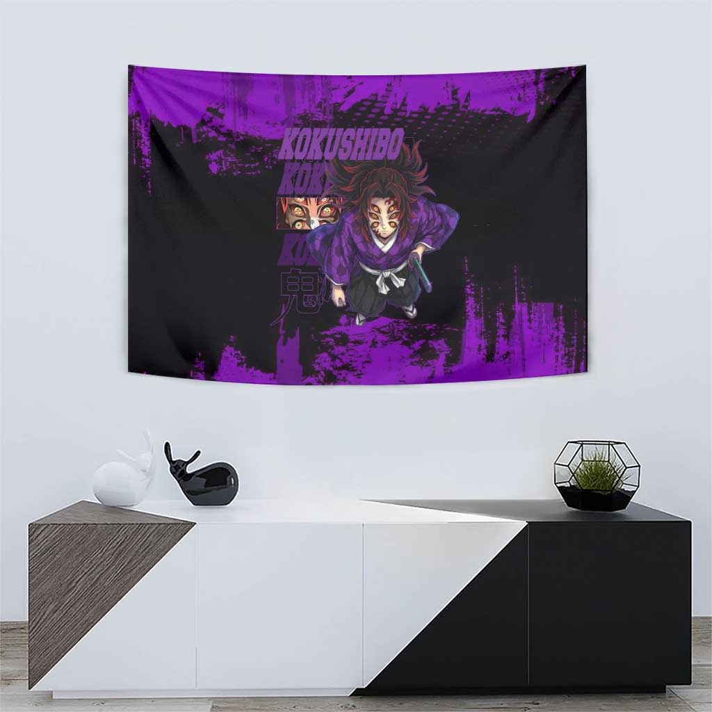 Kokushibo Demon Slayer Purple Grunge Design Tapestry with Six Eyes Detail and Sword Pose - The Mazicc