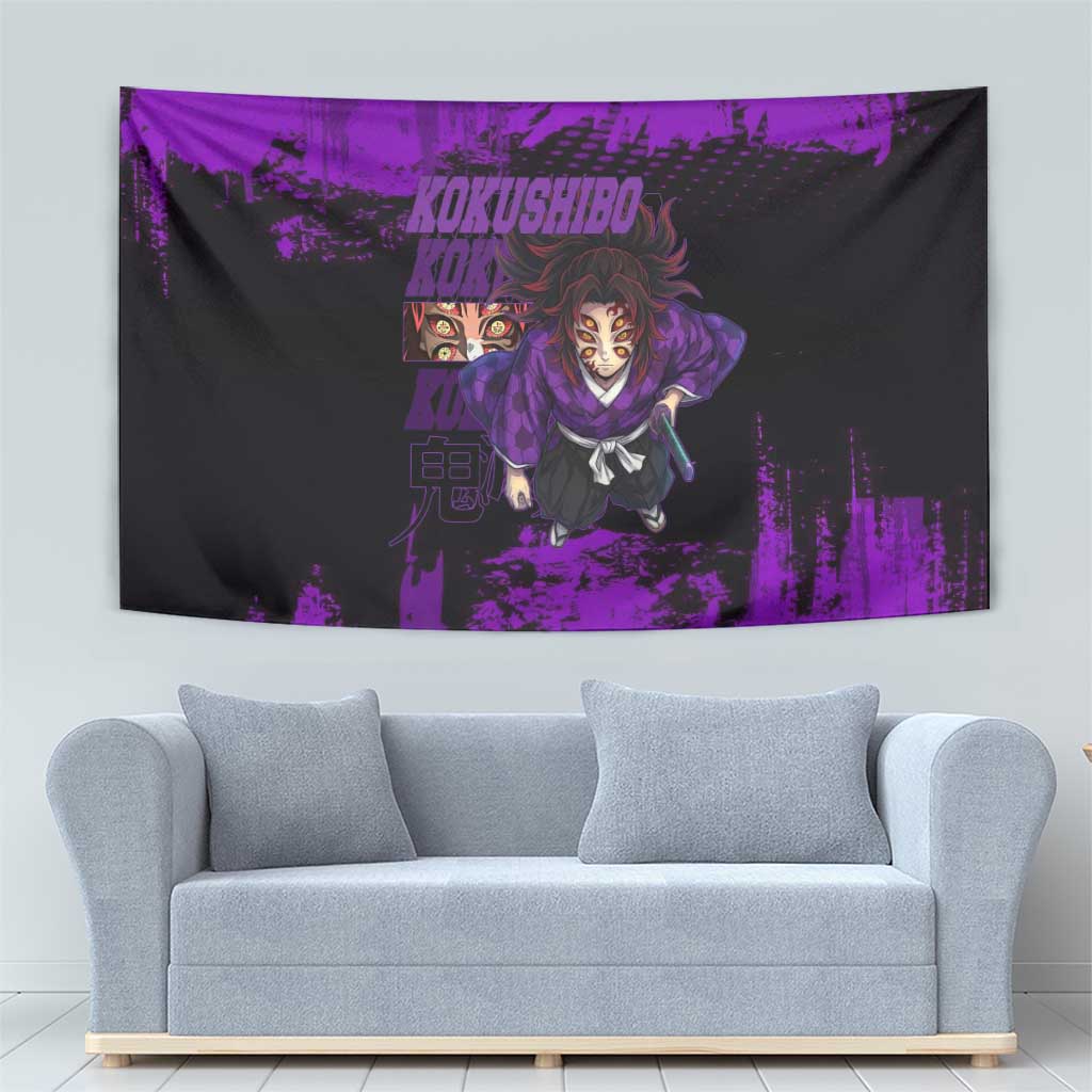 Kokushibo Demon Slayer Purple Grunge Design Tapestry with Six Eyes Detail and Sword Pose - The Mazicc