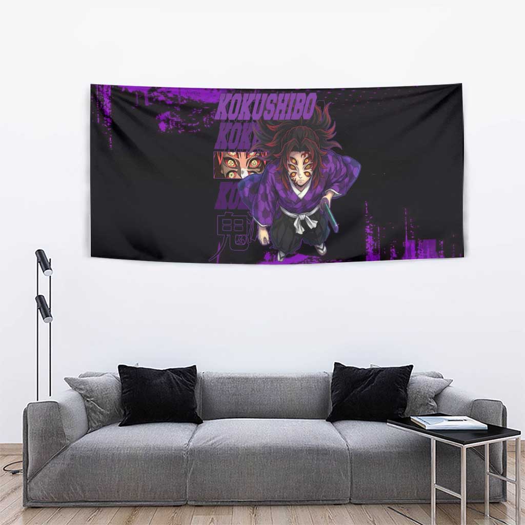 Kokushibo Demon Slayer Purple Grunge Design Tapestry with Six Eyes Detail and Sword Pose - The Mazicc
