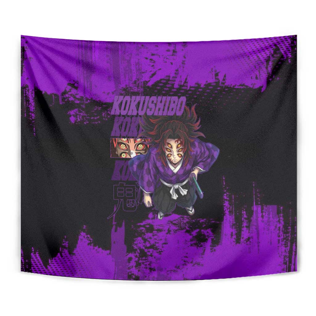 Kokushibo Demon Slayer Purple Grunge Design Tapestry with Six Eyes Detail and Sword Pose - The Mazicc