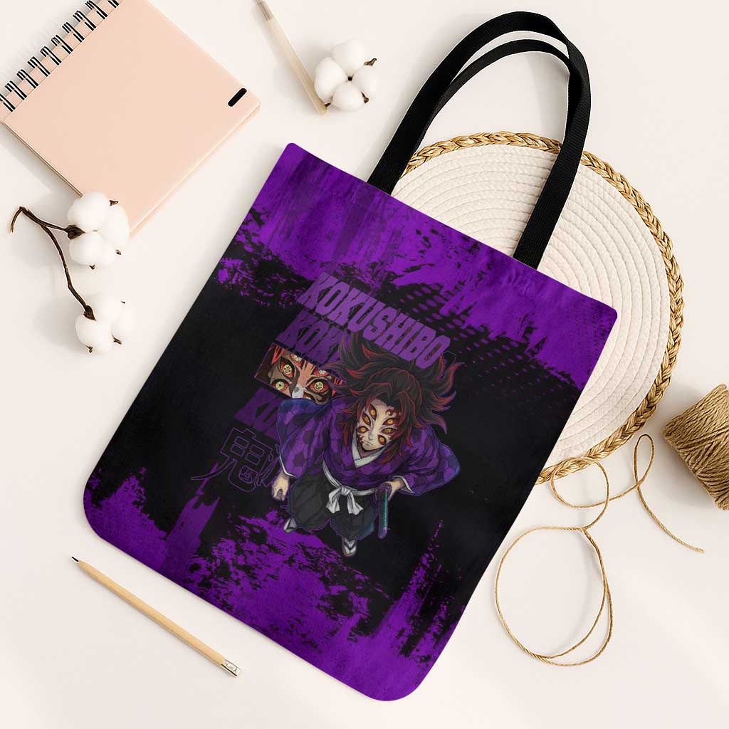 Kokushibo Demon Slayer Purple Grunge Design Tote Bag with Six Eyes Detail and Sword Pose - The Mazicc