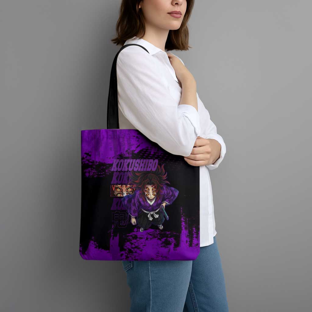 Kokushibo Demon Slayer Purple Grunge Design Tote Bag with Six Eyes Detail and Sword Pose - The Mazicc