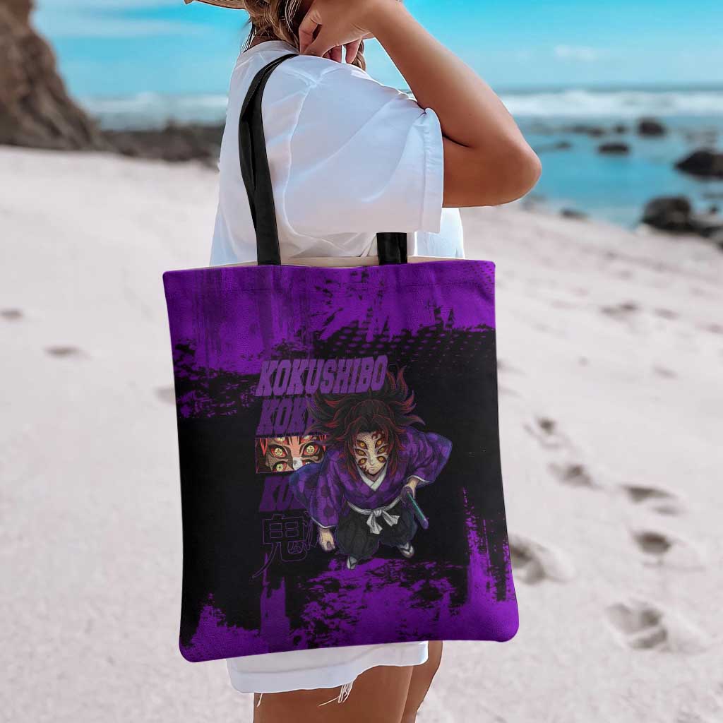 Kokushibo Demon Slayer Purple Grunge Design Tote Bag with Six Eyes Detail and Sword Pose - The Mazicc