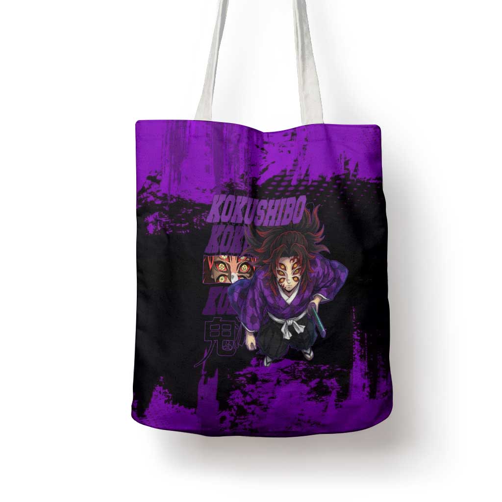 Kokushibo Demon Slayer Purple Grunge Design Tote Bag with Six Eyes Detail and Sword Pose - The Mazicc