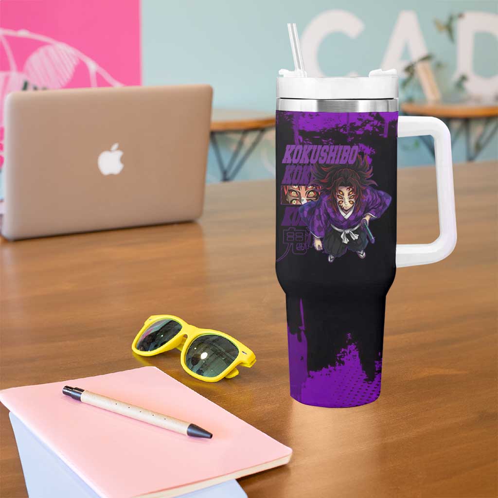 Kokushibo Demon Slayer Purple Grunge Design Tumbler With Handle with Six Eyes Detail and Sword Pose - The Mazicc
