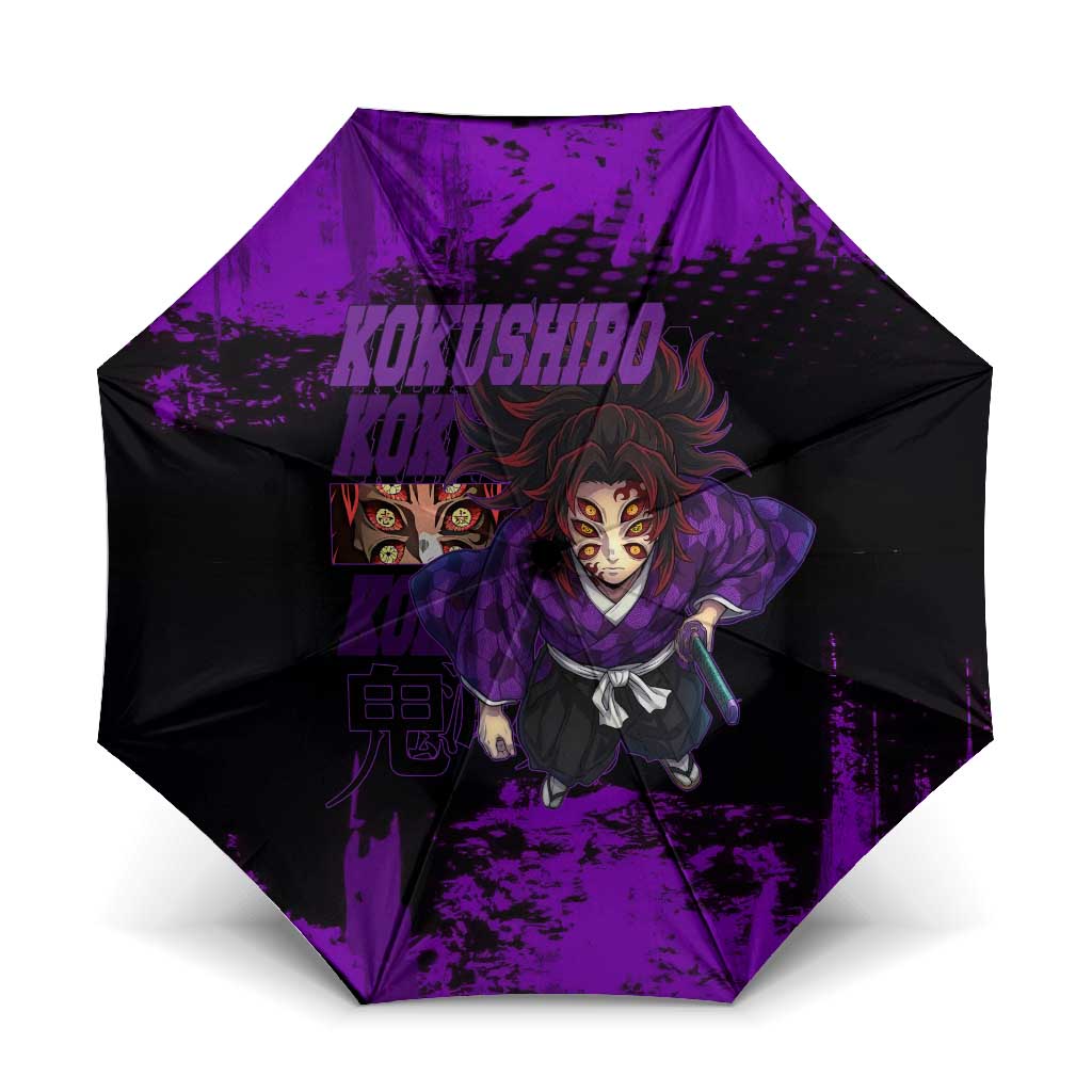 Kokushibo Demon Slayer Purple Grunge Design Umbrella with Six Eyes Detail and Sword Pose - The Mazicc