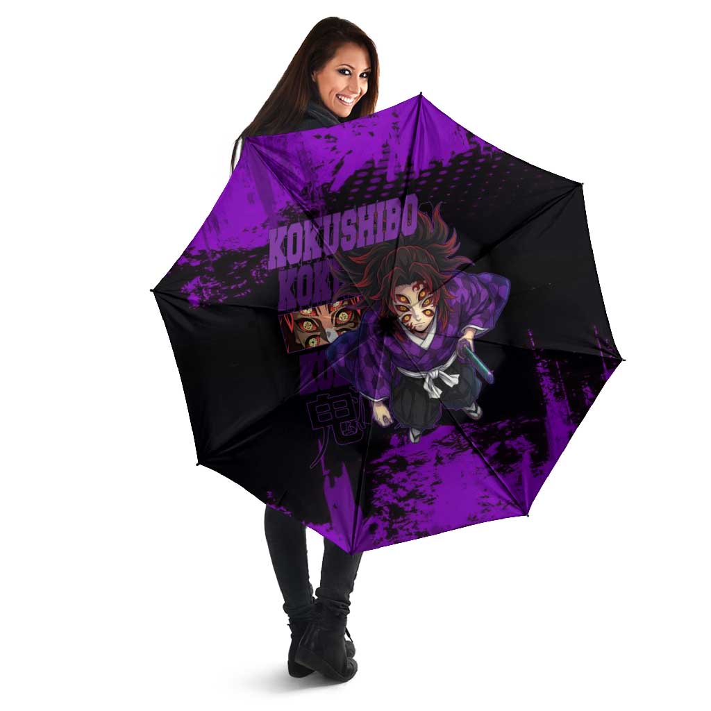 Kokushibo Demon Slayer Purple Grunge Design Umbrella with Six Eyes Detail and Sword Pose - The Mazicc