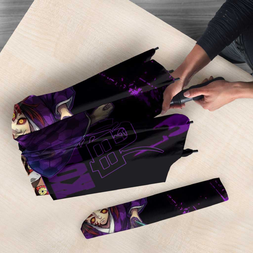Kokushibo Demon Slayer Purple Grunge Design Umbrella with Six Eyes Detail and Sword Pose - The Mazicc