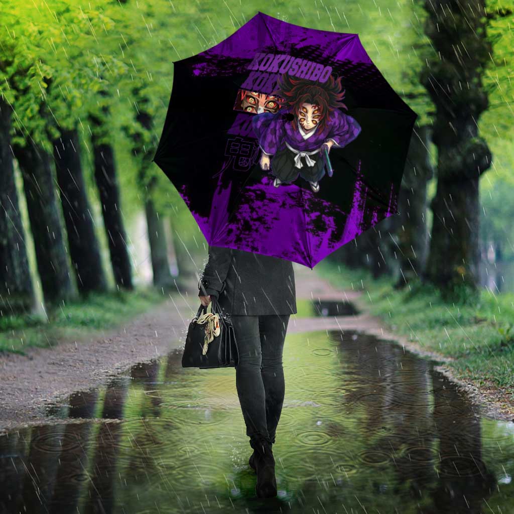Kokushibo Demon Slayer Purple Grunge Design Umbrella with Six Eyes Detail and Sword Pose - The Mazicc