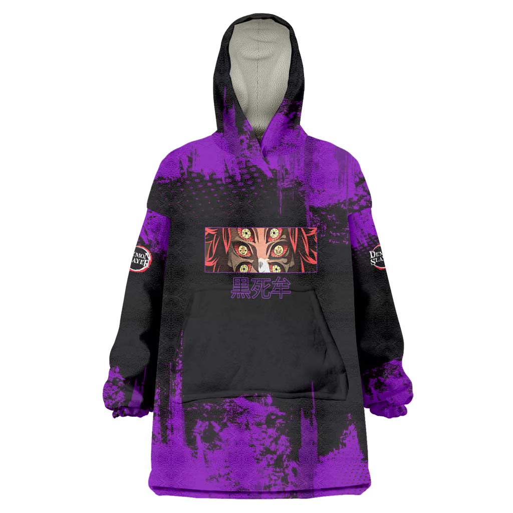 Kokushibo Demon Slayer Purple Grunge Design Wearable Blanket Hoodie with Six Eyes Detail and Sword Pose - The Mazicc