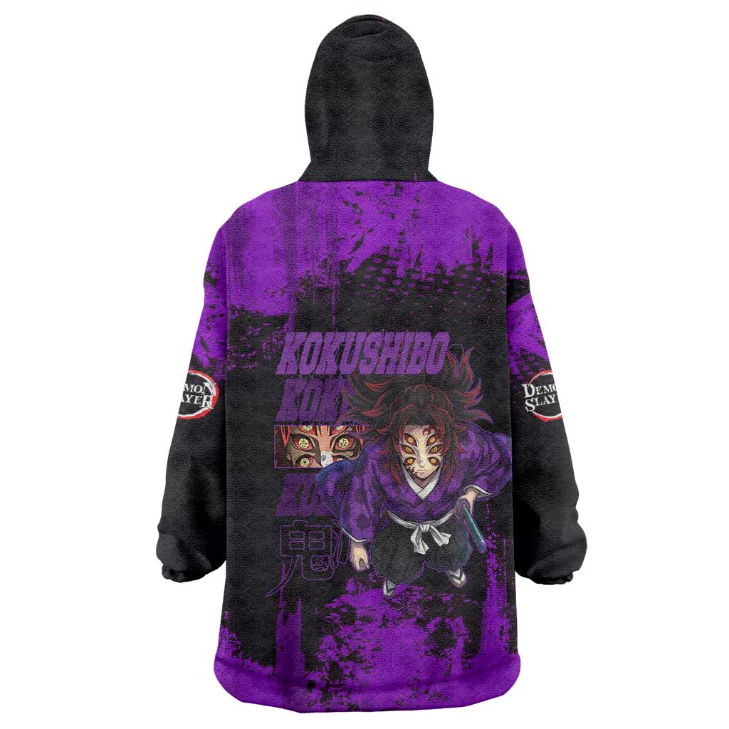 Kokushibo Demon Slayer Purple Grunge Design Wearable Blanket Hoodie with Six Eyes Detail and Sword Pose - The Mazicc