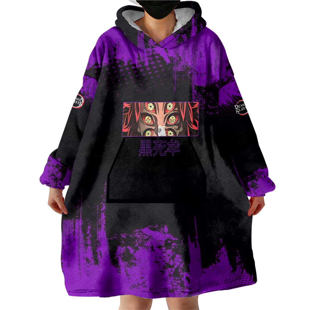 Kokushibo Demon Slayer Purple Grunge Design Wearable Blanket Hoodie with Six Eyes Detail and Sword Pose - The Mazicc
