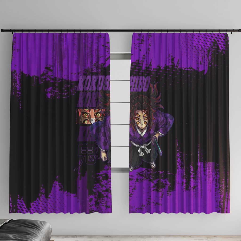Kokushibo Demon Slayer Purple Grunge Design Window Curtain with Six Eyes Detail and Sword Pose - The Mazicc