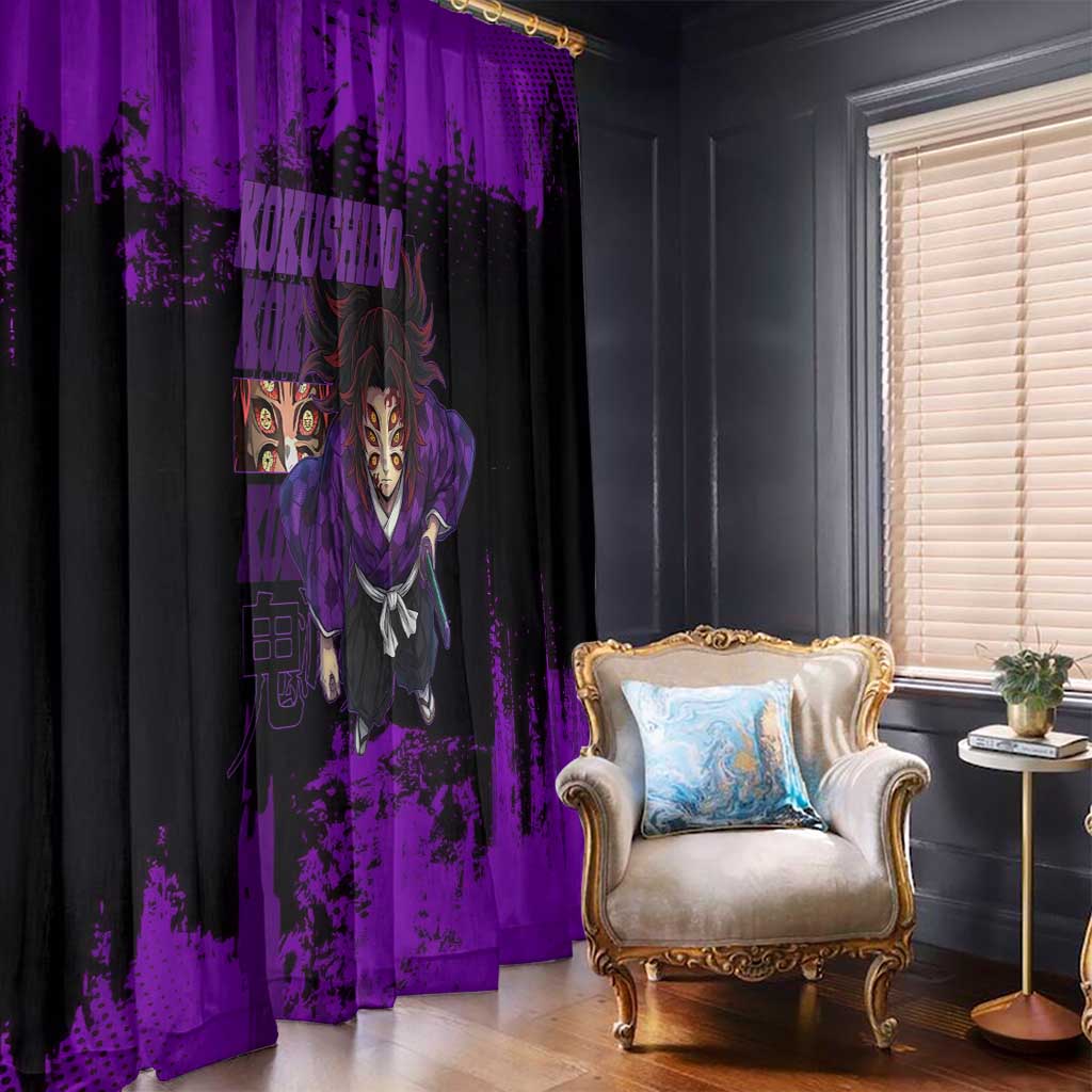 Kokushibo Demon Slayer Purple Grunge Design Window Curtain with Six Eyes Detail and Sword Pose - The Mazicc