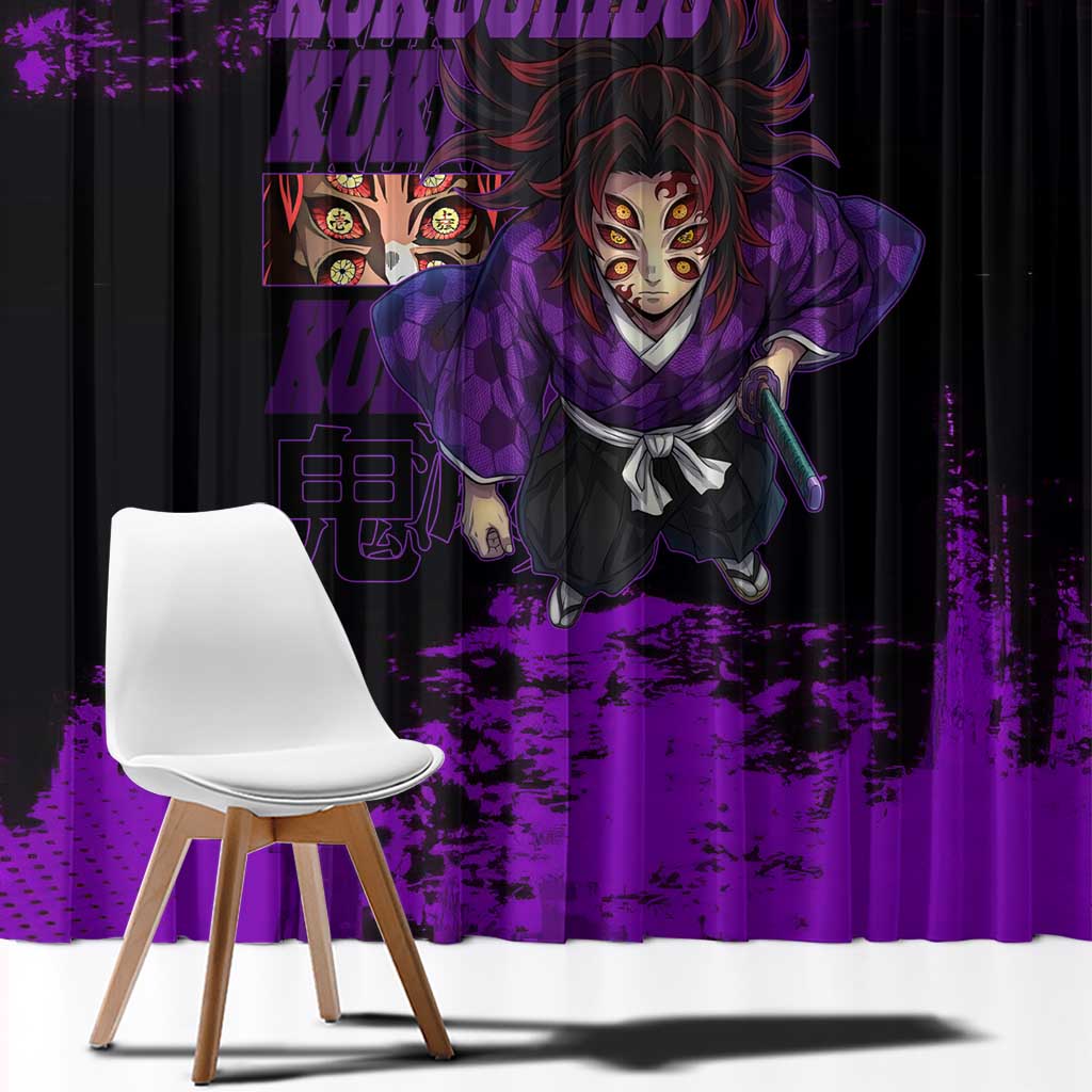 Kokushibo Demon Slayer Purple Grunge Design Window Curtain with Six Eyes Detail and Sword Pose - The Mazicc