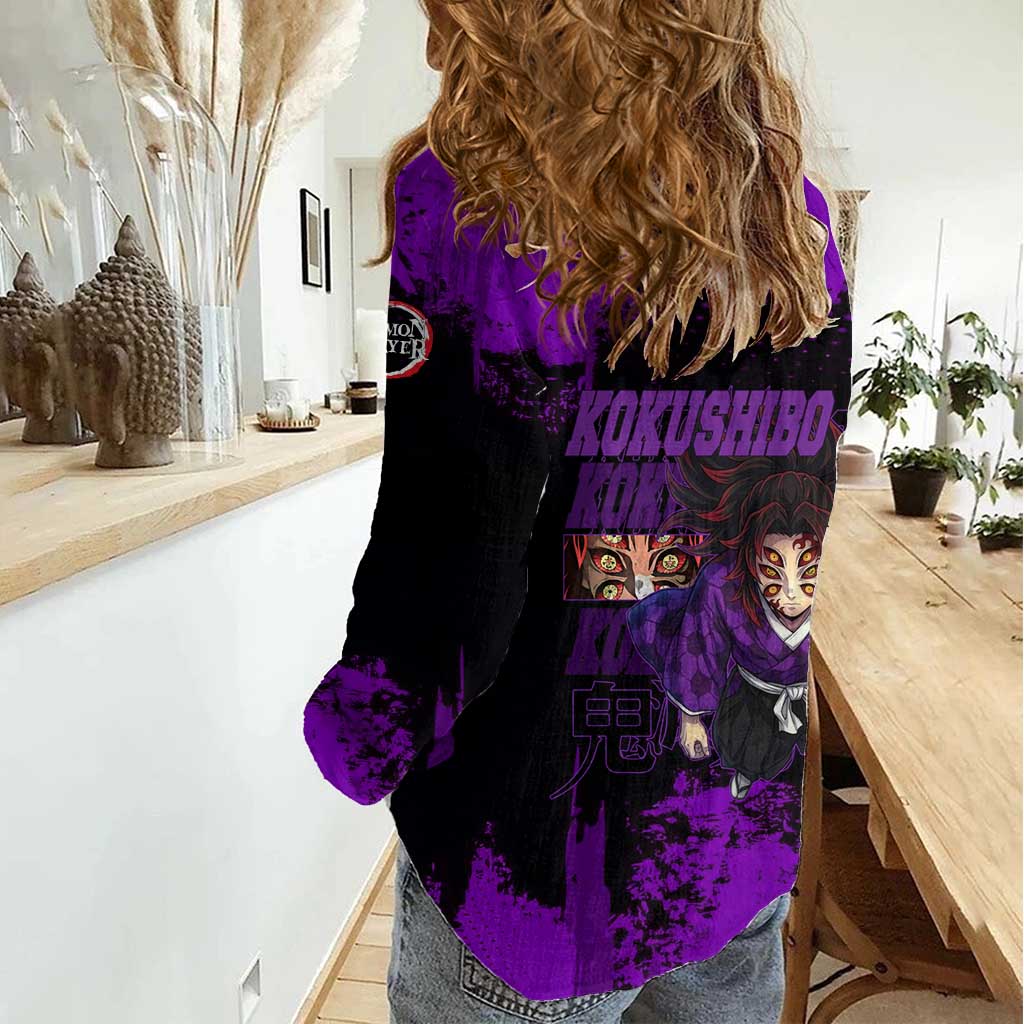 Kokushibo Demon Slayer Purple Grunge Design Women Casual Shirt with Six Eyes Detail and Sword Pose - The Mazicc