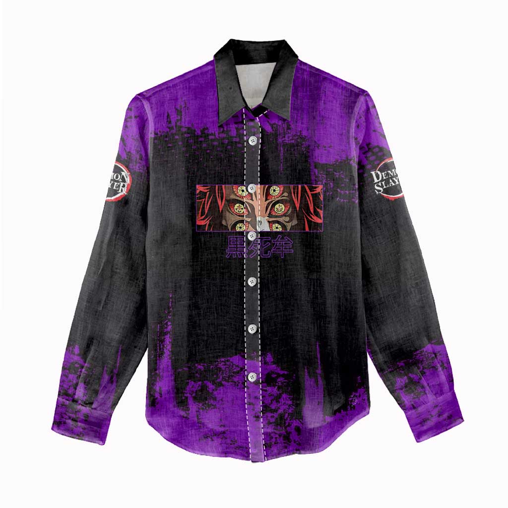 Kokushibo Demon Slayer Purple Grunge Design Women Casual Shirt with Six Eyes Detail and Sword Pose - The Mazicc