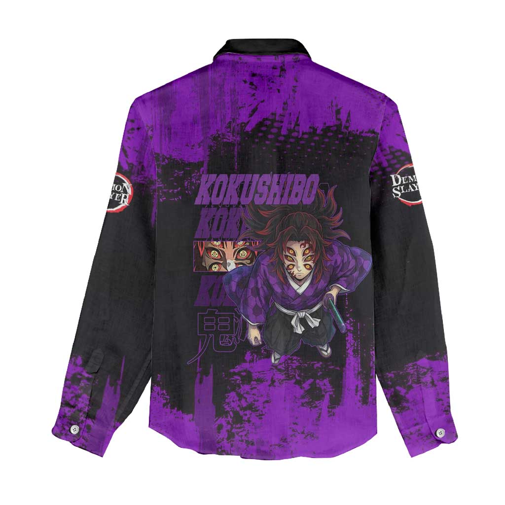 Kokushibo Demon Slayer Purple Grunge Design Women Casual Shirt with Six Eyes Detail and Sword Pose - The Mazicc