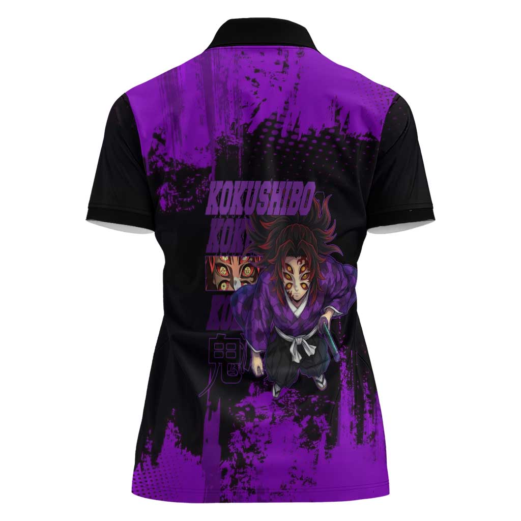 Kokushibo Demon Slayer Purple Grunge Design Women Polo Shirt with Six Eyes Detail and Sword Pose - The Mazicc