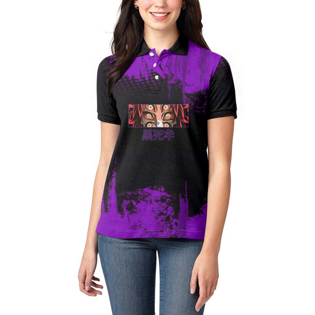 Kokushibo Demon Slayer Purple Grunge Design Women Polo Shirt with Six Eyes Detail and Sword Pose - The Mazicc