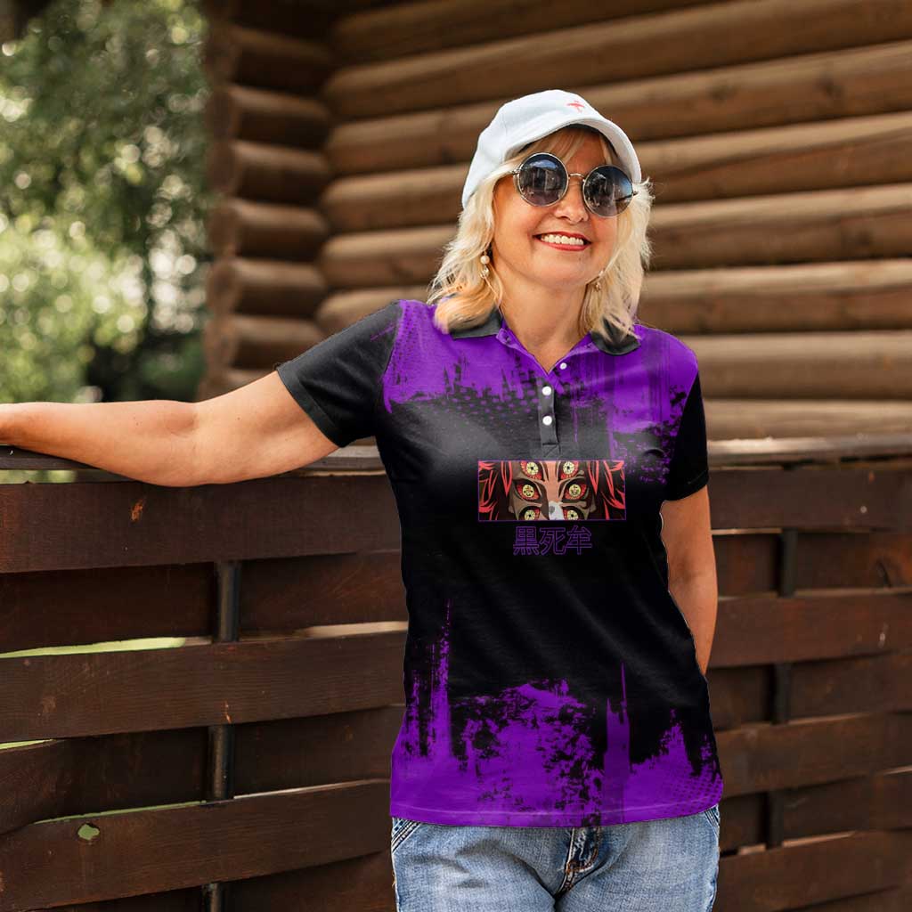 Kokushibo Demon Slayer Purple Grunge Design Women Polo Shirt with Six Eyes Detail and Sword Pose - The Mazicc