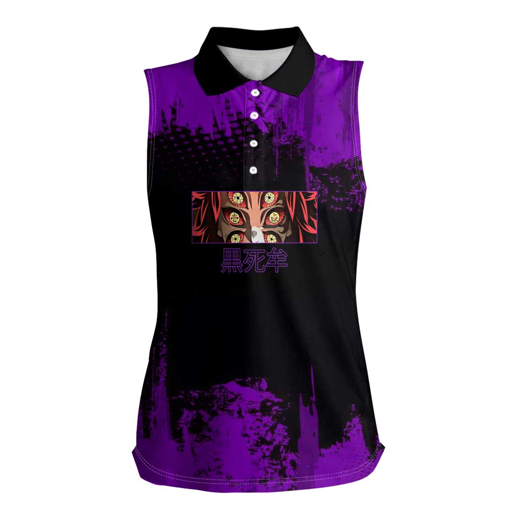 Kokushibo Demon Slayer Purple Grunge Design Women Sleeveless Polo Shirt with Six Eyes Detail and Sword Pose - The Mazicc