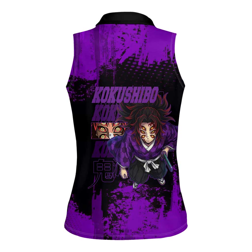 Kokushibo Demon Slayer Purple Grunge Design Women Sleeveless Polo Shirt with Six Eyes Detail and Sword Pose - The Mazicc
