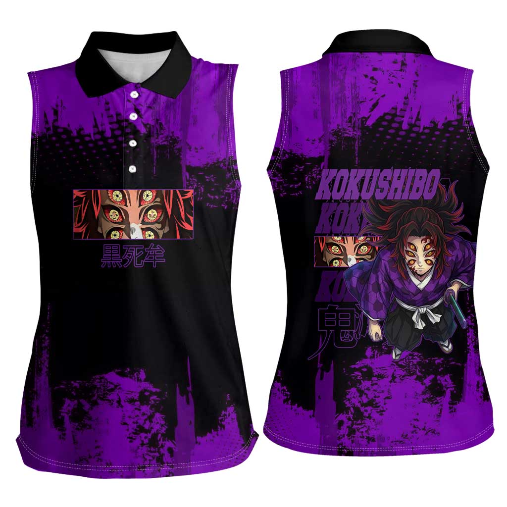 Kokushibo Demon Slayer Purple Grunge Design Women Sleeveless Polo Shirt with Six Eyes Detail and Sword Pose - The Mazicc