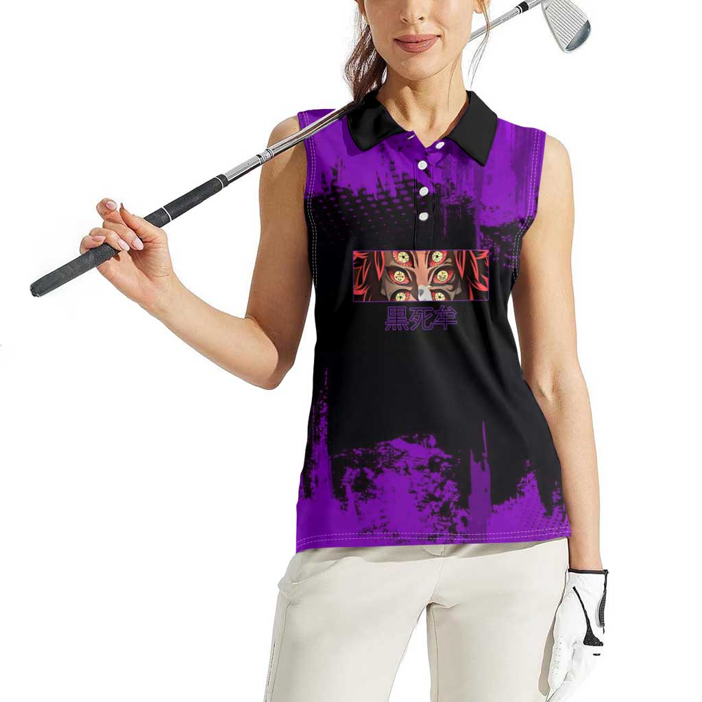 Kokushibo Demon Slayer Purple Grunge Design Women Sleeveless Polo Shirt with Six Eyes Detail and Sword Pose - The Mazicc
