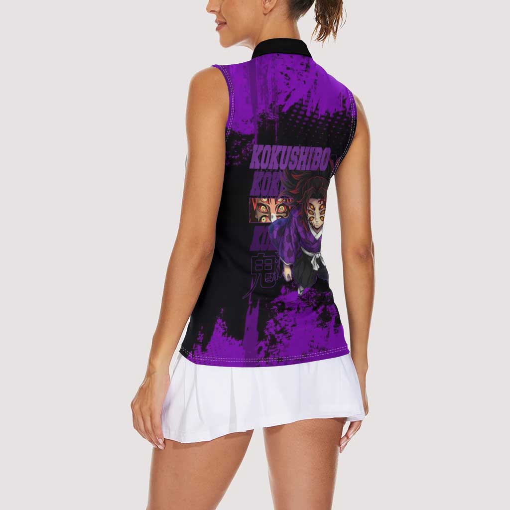 Kokushibo Demon Slayer Purple Grunge Design Women Sleeveless Polo Shirt with Six Eyes Detail and Sword Pose - The Mazicc