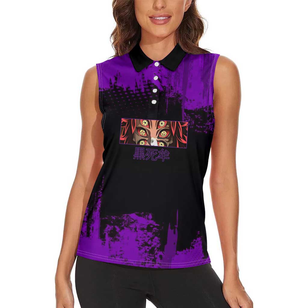 Kokushibo Demon Slayer Purple Grunge Design Women Sleeveless Polo Shirt with Six Eyes Detail and Sword Pose - The Mazicc