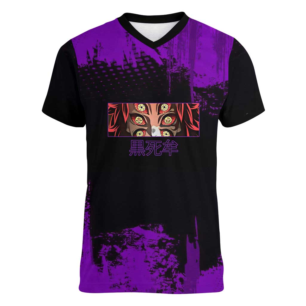 Kokushibo Demon Slayer Purple Grunge Design Women V-Neck T-Shirt with Six Eyes Detail and Sword Pose - The Mazicc