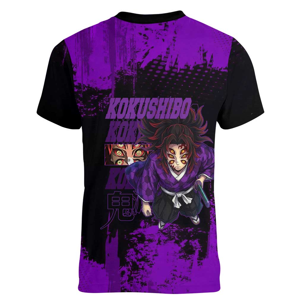 Kokushibo Demon Slayer Purple Grunge Design Women V-Neck T-Shirt with Six Eyes Detail and Sword Pose - The Mazicc