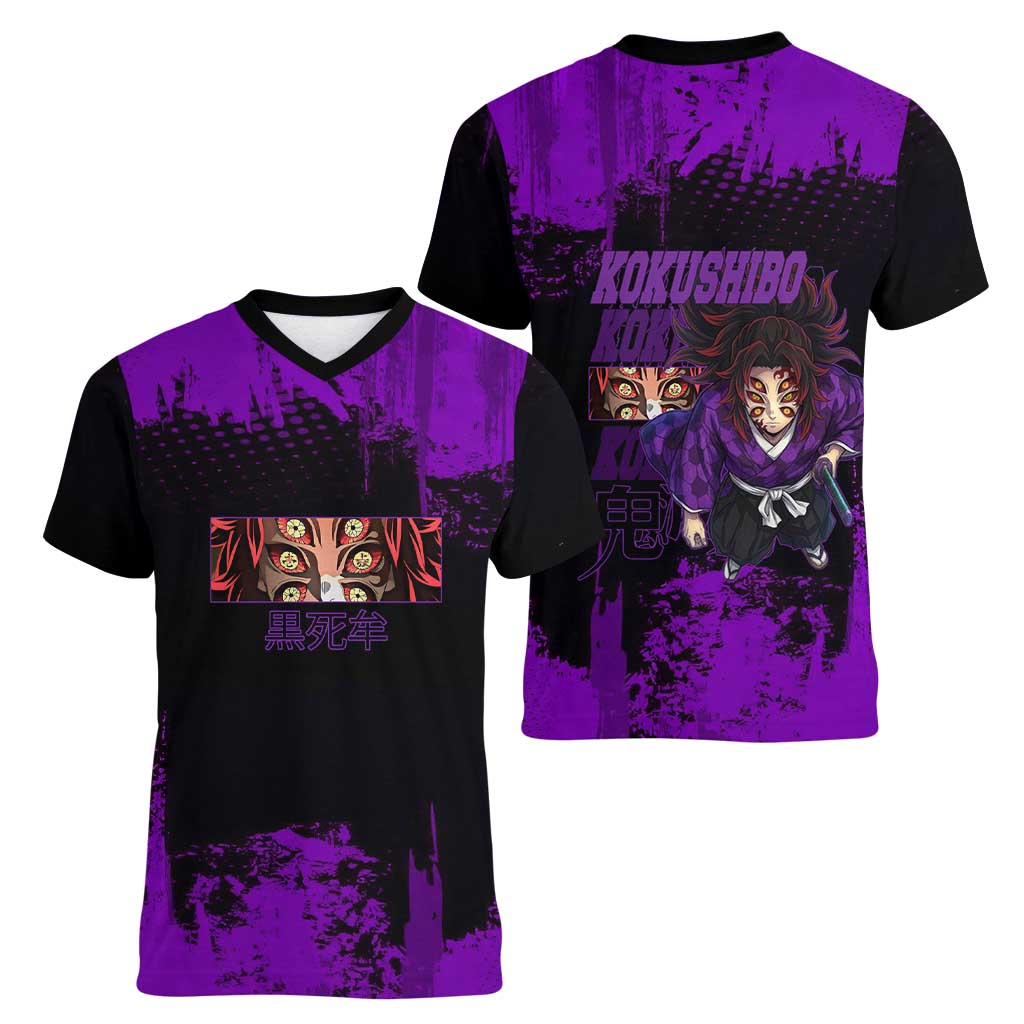 Kokushibo Demon Slayer Purple Grunge Design Women V-Neck T-Shirt with Six Eyes Detail and Sword Pose - The Mazicc
