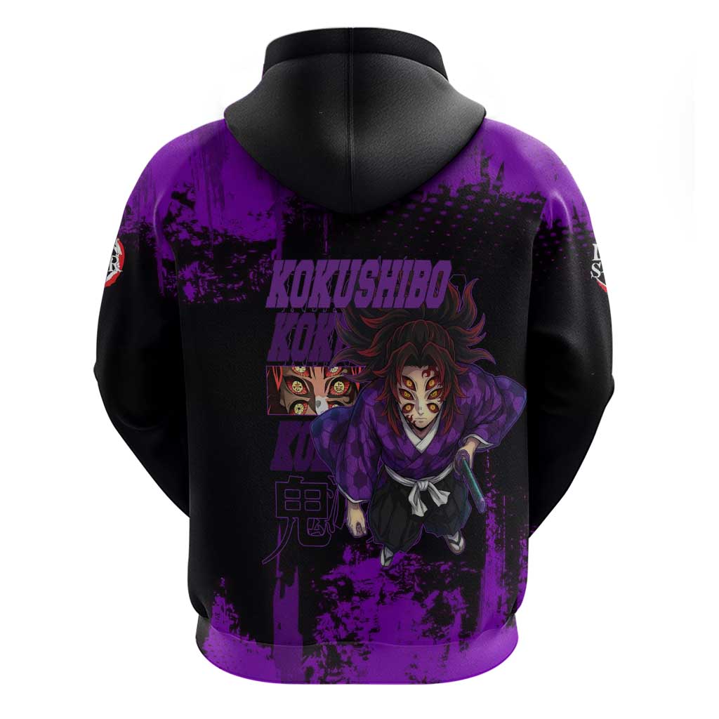 Kokushibo Demon Slayer Purple Grunge Design Zip Hoodie with Six Eyes Detail and Sword Pose - The Mazicc