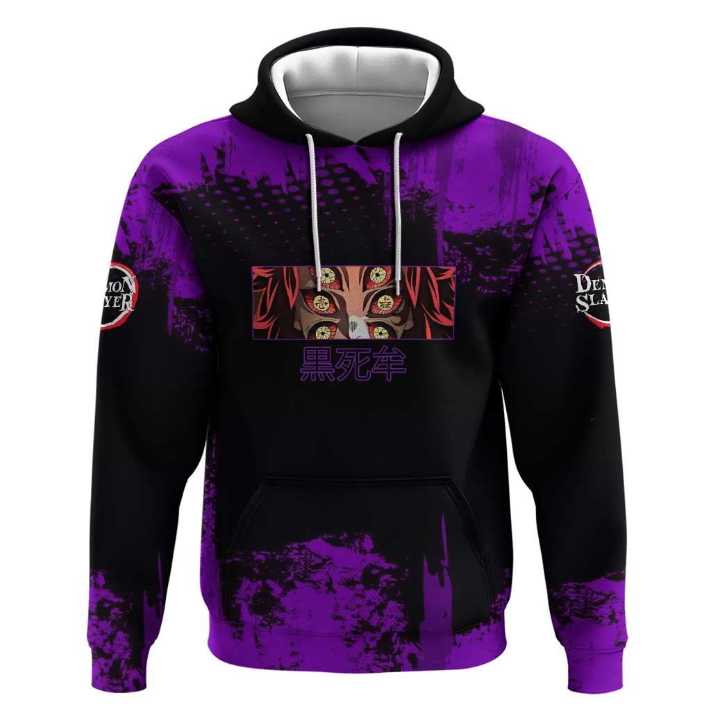Kokushibo Demon Slayer Purple Grunge Design Zip Hoodie with Six Eyes Detail and Sword Pose - The Mazicc