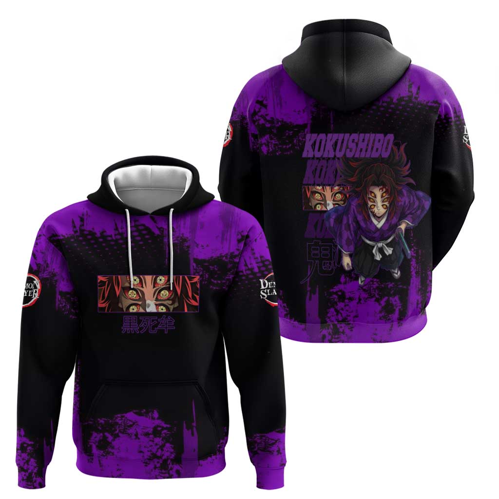 Kokushibo Demon Slayer Purple Grunge Design Zip Hoodie with Six Eyes Detail and Sword Pose - The Mazicc