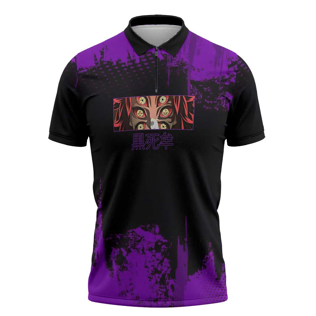 Kokushibo Demon Slayer Purple Grunge Design Zipper Polo Shirt with Six Eyes Detail and Sword Pose - The Mazicc