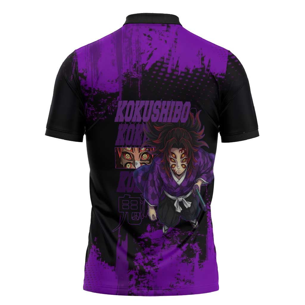 Kokushibo Demon Slayer Purple Grunge Design Zipper Polo Shirt with Six Eyes Detail and Sword Pose - The Mazicc